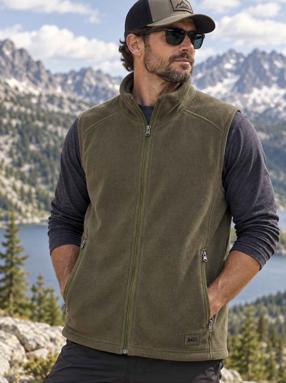 REI Polartec Classic Fleece Vest Men's XL Olive Green Full Zip Outdoor Hiking